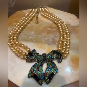 Heidi Daus Gold Multi-Color Bow Pearl Triple-Strand Necklace